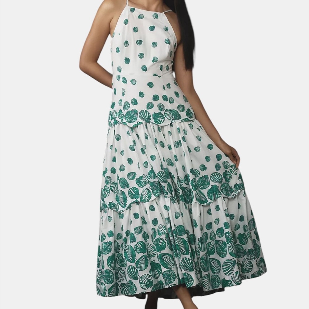 Maeve Anthropologie White and Green Shell Print Maxi Dress